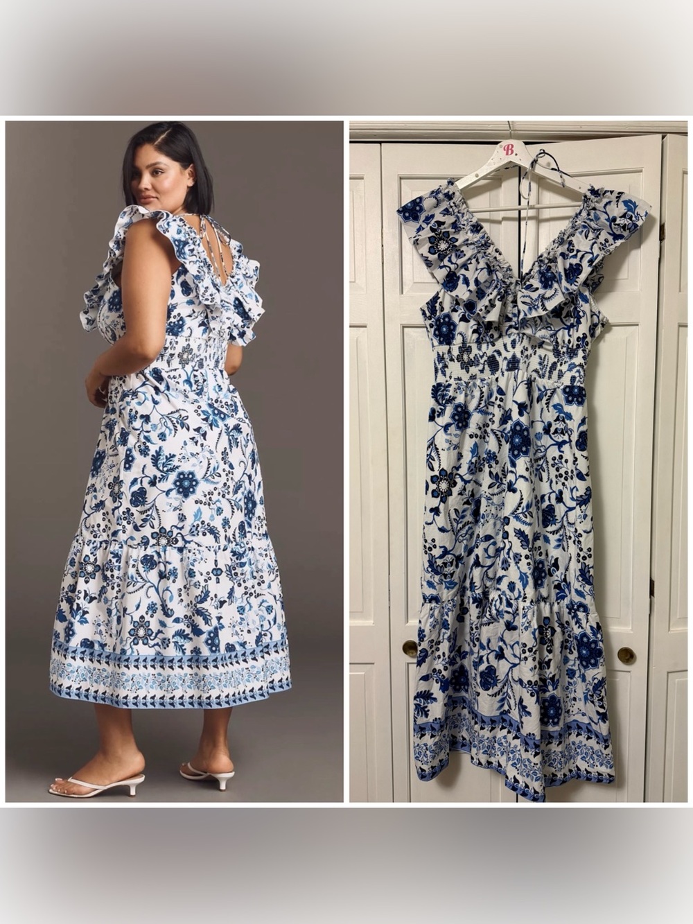 Adrianna Papell White Midi Dress with Blue Floral Print Cottagecore Garden 14